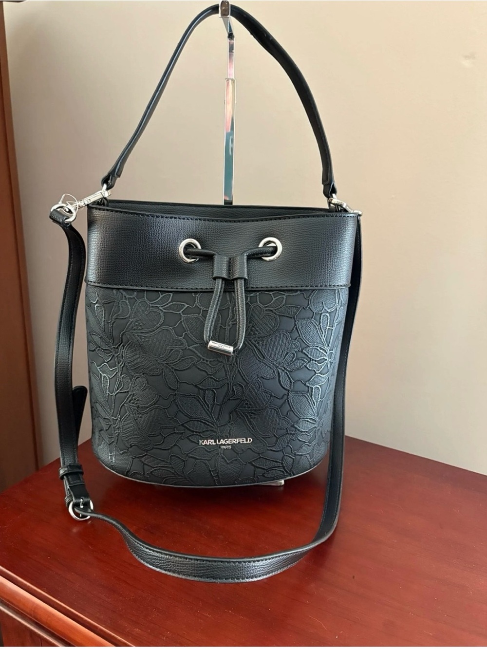 Karl Lagerfeld Black Floral-Embossed Drawstring Bucket Bag